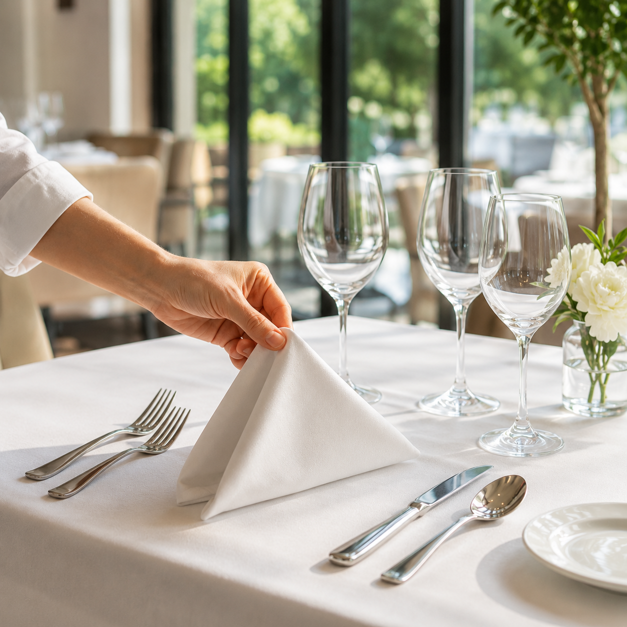 Restaurant table set with fine white linen