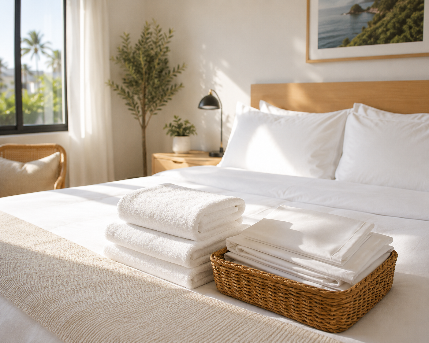 Hotel room with crisp bed linen and towels