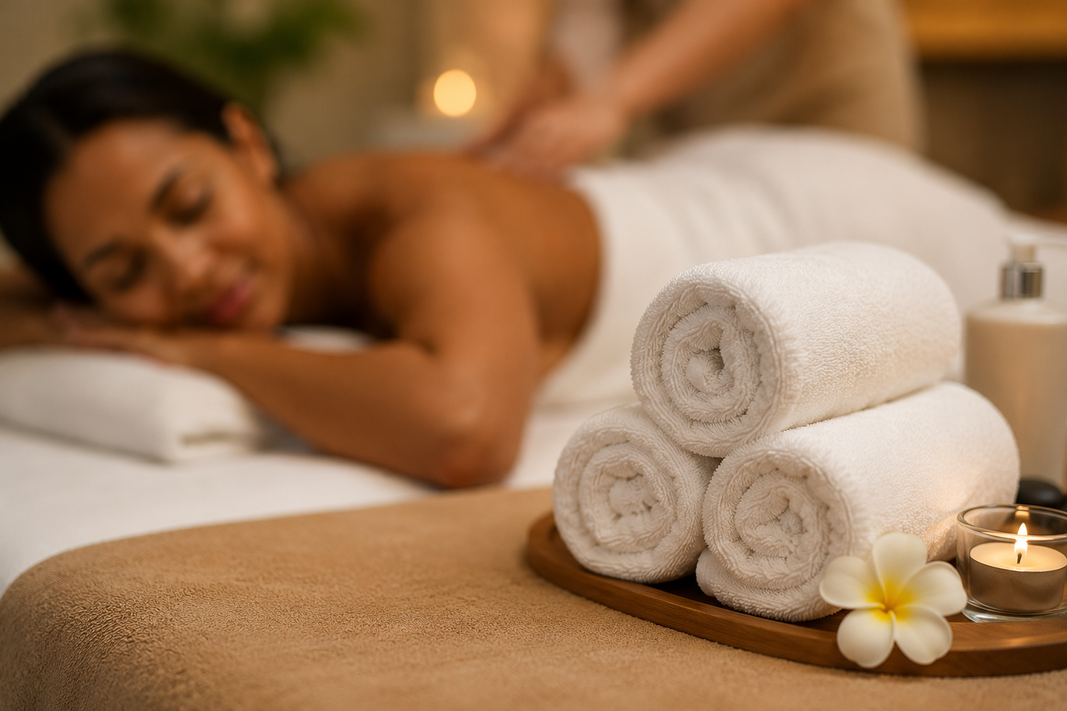Spa wellness treatment room with fresh towels
