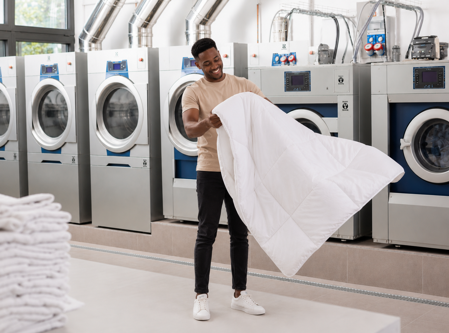 Two laundry workers folding a large white duvet in a commercial laundry facility