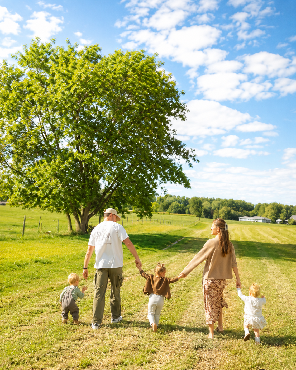 A family walking hand-in-hand across a sunlit green field beside a large tree